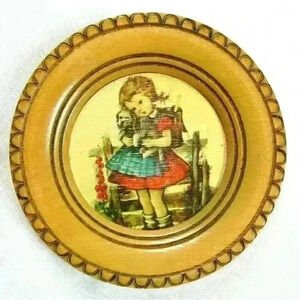 Vintage Hummel 6.5" Round Wood Wall Plaque School Girl Red Dress & Puppy